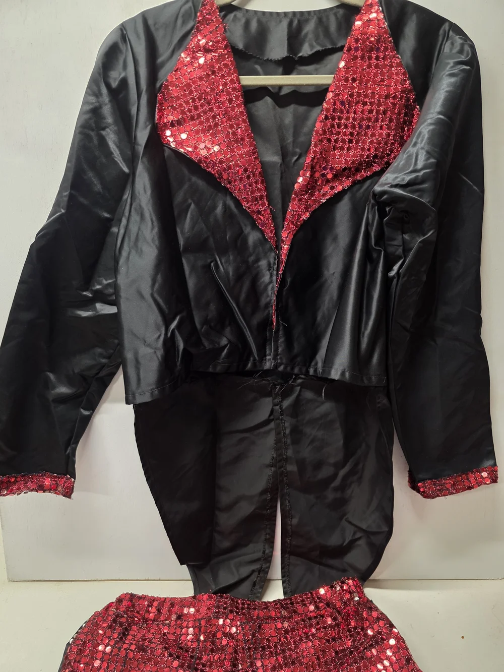 Vintage Style 70s Disco Showman Costume Red Sequin Shorts Black Tailcoat Adult